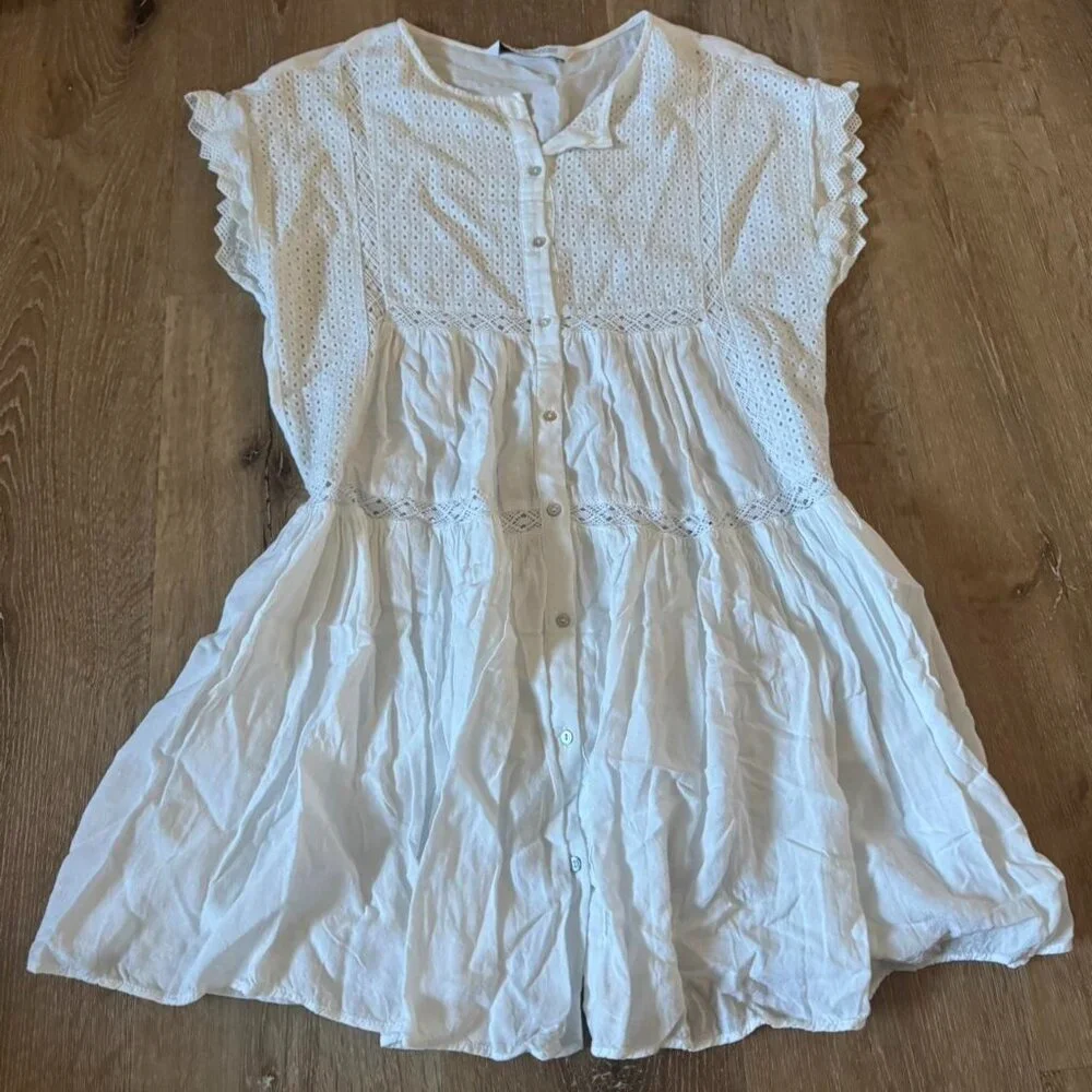 Zara White embroidered Ruffle Drop Waist Hem button down Mini Dress Cotton‎ sz S